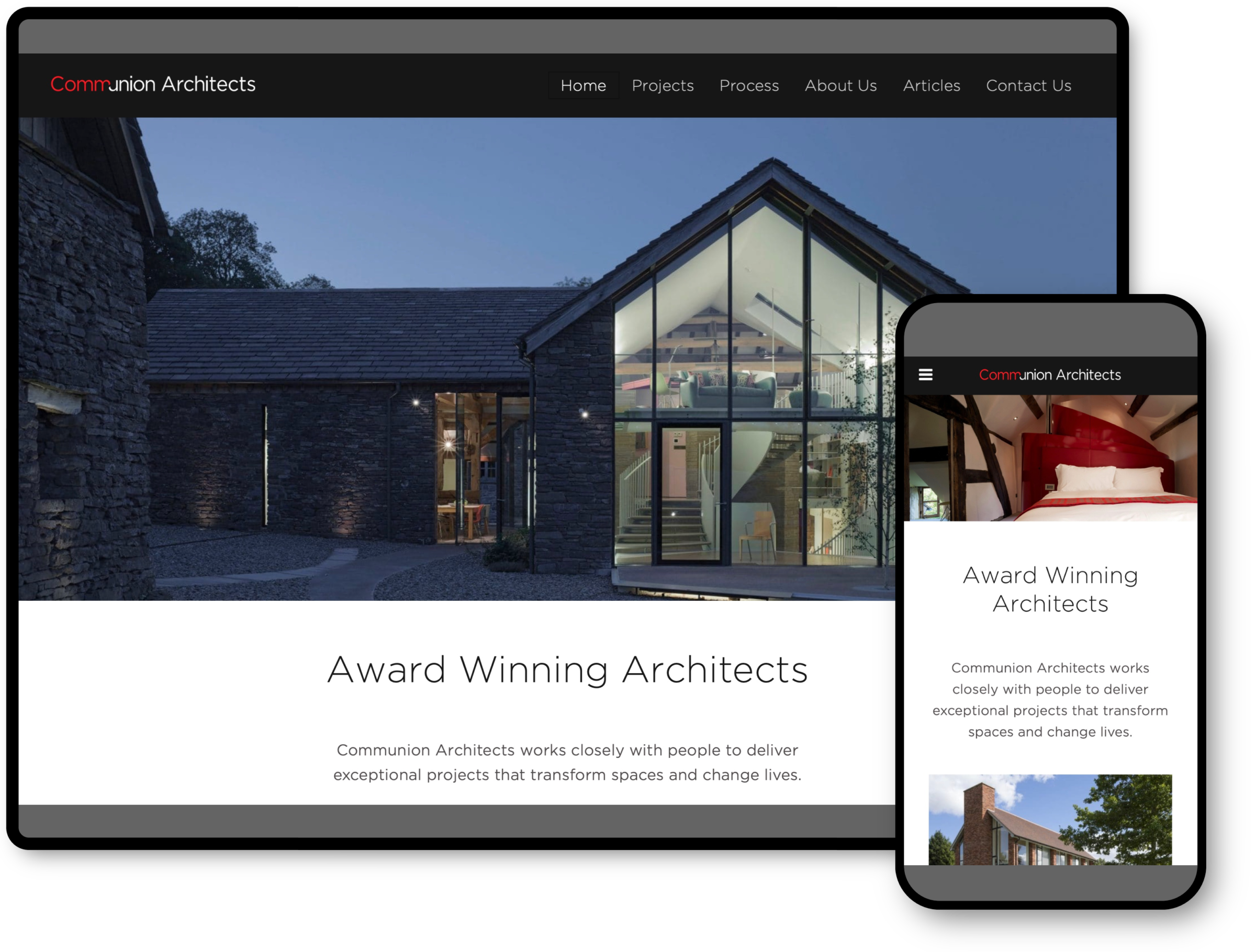 Communion Architects website communionarchitects.com on a desktop and mobile