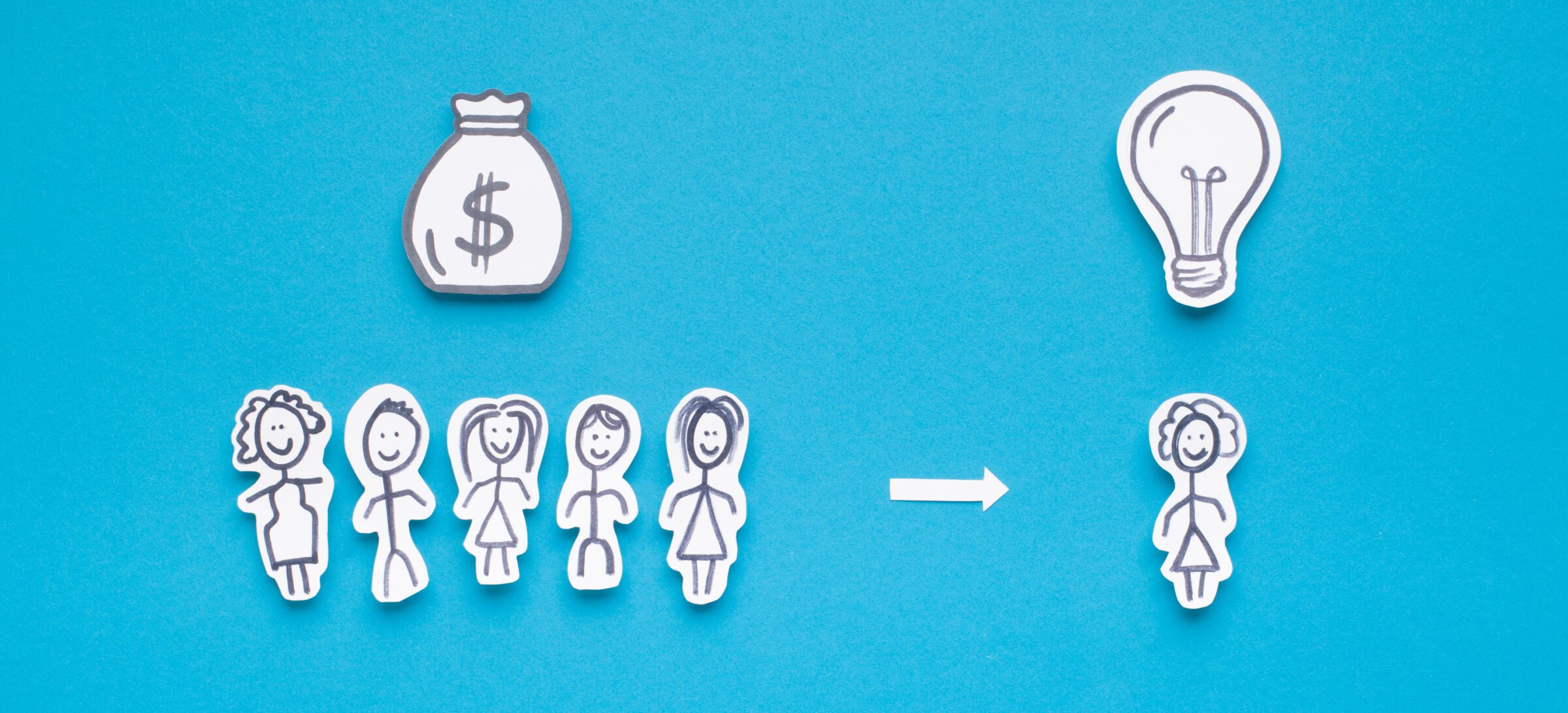 Paper people with sack of money helping man to involve his idea